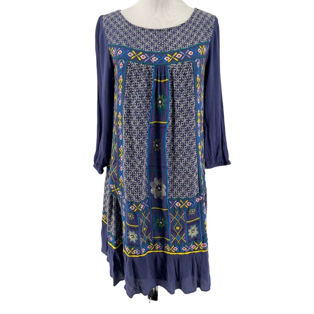 Akemi‎ + Kin Anthropologie Blue Embroidered Boho Floral Tunic Dress Size 4